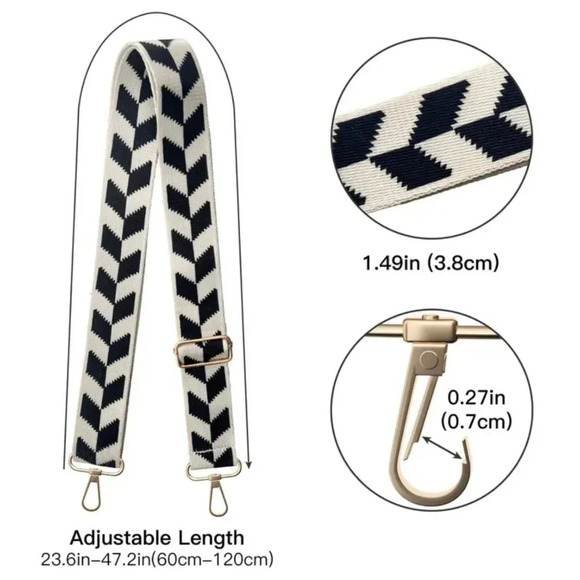 ποΈBlack & Beige Adjustable Geometric Print Purse Strap | Crossbody Replacement - Picture 6 of 10